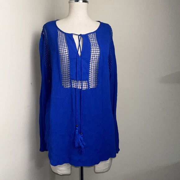 Joseph A. Boho Peasant Crochet Inset Top Loose Fit Blue Tassel Blouse EUC - Picture 1 of 10